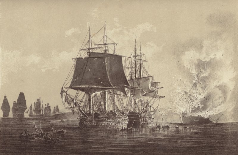 1808年8月26日、バルト海でThomas Byam Martin艦長が指揮するスウェーデン海軍付属のHMS Implacableとの戦いの後、ロシア艦隊の前で破壊されたロシア船Vsevolod(litho) 作： 英語学校