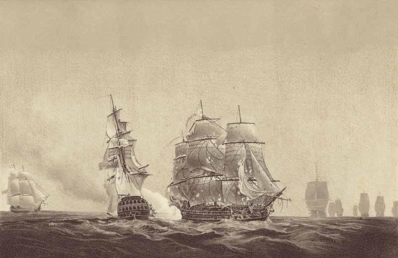 1808年8月26日、バルト海でスウェーデン海軍所属、トーマス・バイアム・マーティン艦長指揮のHMSインプラカブルに船籍を示すロシア船ヴセヴォロド（リトグラフ）。 作： 英語学校