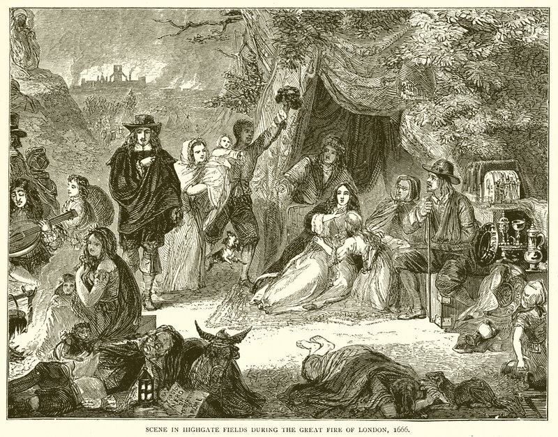ロンドンの大火、1666年のハイゲートフィールズのシーン 作： 英語学校