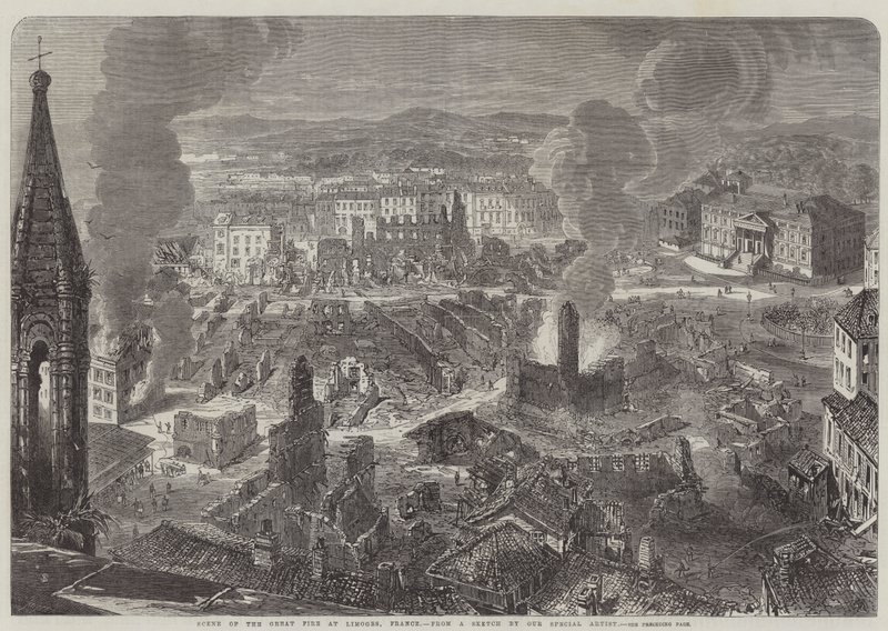 フランス、リモージュの大火事のシーン（彫刻 作： 英語学校