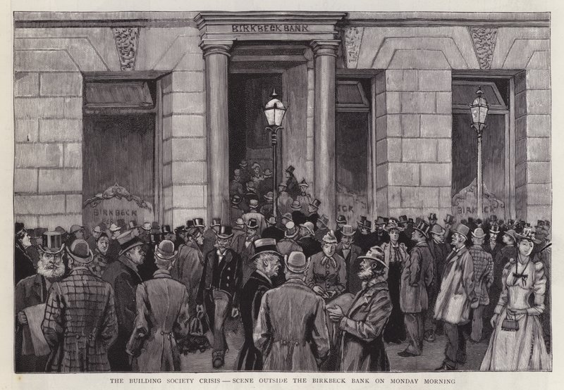 1892年のビルソサエティ危機の際の、ロンドンのバークベック銀行の外の風景（リトグラフ 作： 英語学校