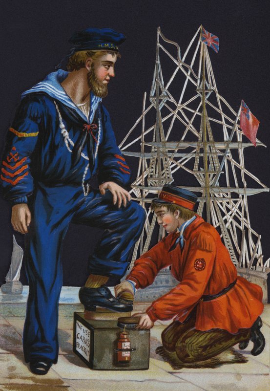 靴磨き少年がサラリーマンのブーツを磨いている様子、Carr's Blackit