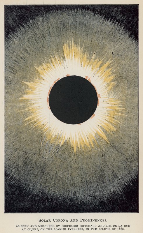 プリチャード教授とデ・ラ・リュー氏が見て測った太陽コロナとプロミネンス（カラーリトグラフ 作： 英語学校