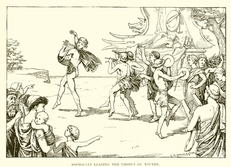 若者の合唱をリードするソフォクレス 作： 英語学校
