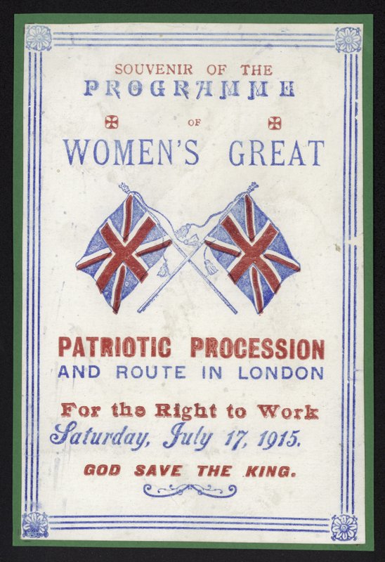 1915年7月17日、労働権のための女性の行列のお土産プログラム、ロンドン 作： 英語学校