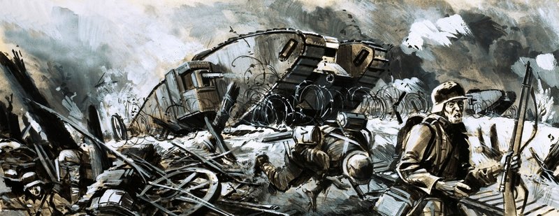 第一次世界大戦中に登場した戦車（紙にガッシュ 作： 英語学校