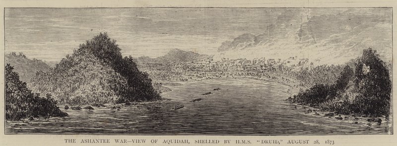 1873年8月28日、HMS "Druid "によって砲撃されたAquidahの眺め（アシャンティ戦争）（彫刻 作： 英語学校