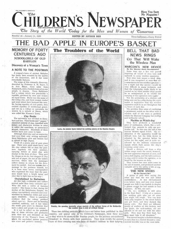 1920年1月に発行された「The Children&39;s Newspaper」のフロントページ、ヨーロッパのバスケットの中のThe Bad Apple（新聞） 作： 英語学校