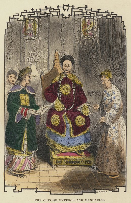 中国皇帝とマンダリン（彩色済み彫刻 作： 英語学校
