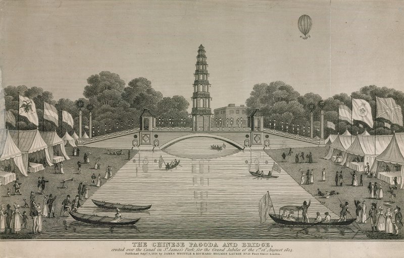 1814年にグランドジュビリーに向けてセントジェームスパークの運河に架かった中国の塔と橋 作： 英語学校