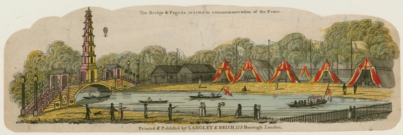 1814年8月1日、平和の称賛のためにセントジェームスパークの運河に架かる中国の塔と橋 作： 英語学校