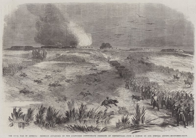 アメリカ南北戦争、センタービルの放棄された南軍陣地に進撃する連邦軍(エングレーヴィング) 作： 英語学校