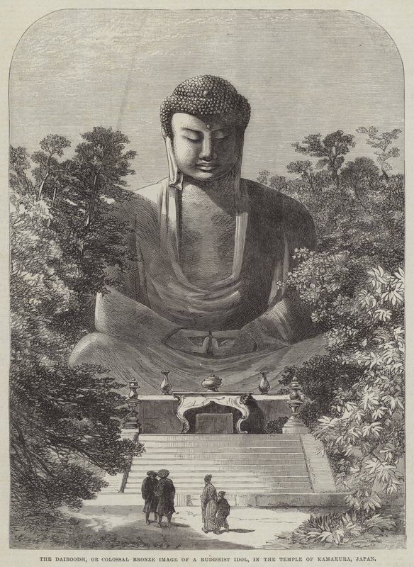 日本の鎌倉寺にある大仏（ブロンズ製の巨大な仏像）（エングレーヴィング 作： 英語学校