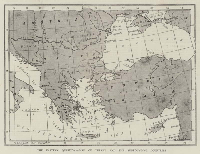 東方問題、トルコとその周辺国の地図（エングレービング 作： 英語学校