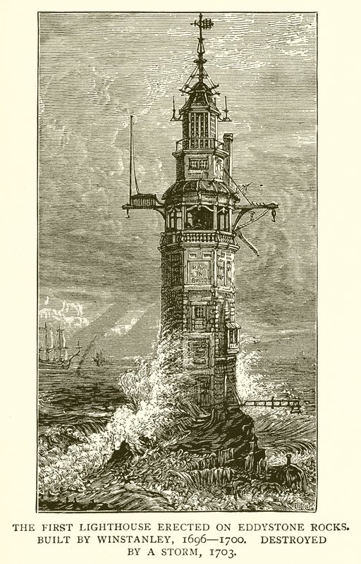 エディストーンロックスに建てられた最初の灯台。ウィンスタンリーによって建てられた、1696年-1700年、嵐によって破壊された、1703年 作： 英語学校