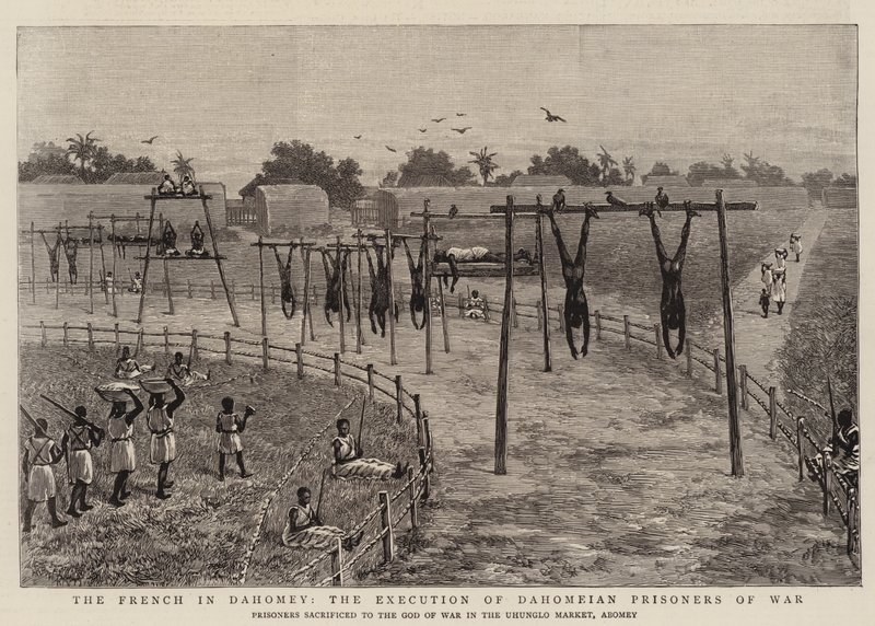 ダホメーのフランス人、ダホメー人捕虜の処刑（エングレービング 作： 英語学校