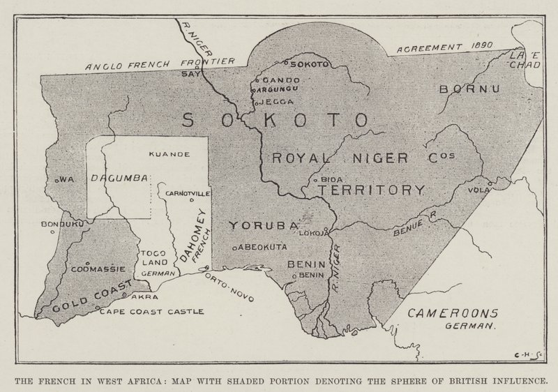 西アフリカのフランス人、イギリスの影響範囲を示す斜線部分を持つ地図（リトグラフ 作： 英語学校