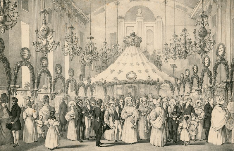 1833年6月19日に開催された、ビクトリア女王が外国人の苦痛に直面するファンシーフェアのプライベートビューを行ったハノーバースクエアルーム 作： 英語学校