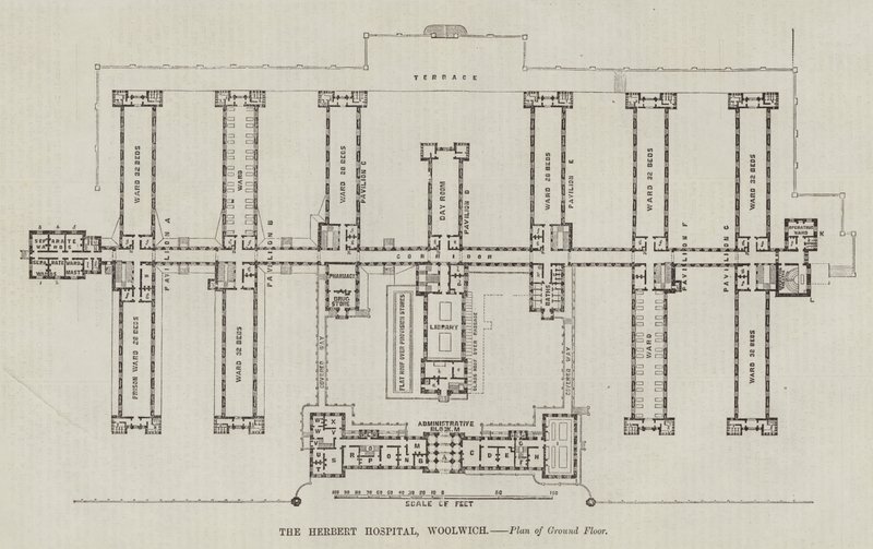 ウリッジのハーバート病院、1階の平面図（彫刻 作： 英語学校