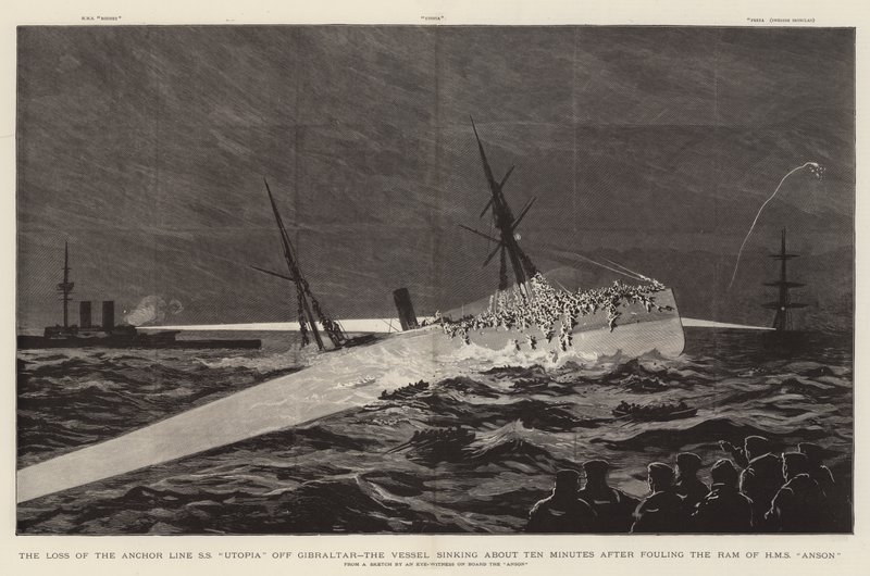 ジブラルタル沖でのアンカーラインSS "Utopia "の遭難、HMS "Anson "のラムに接触してから約10分後に沈没（版画 作： 英語学校