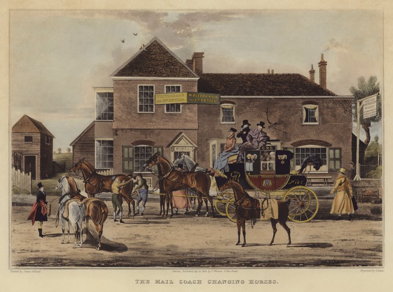 The Mail Coach Changing Horses（カラー彫刻 作： 英語学校