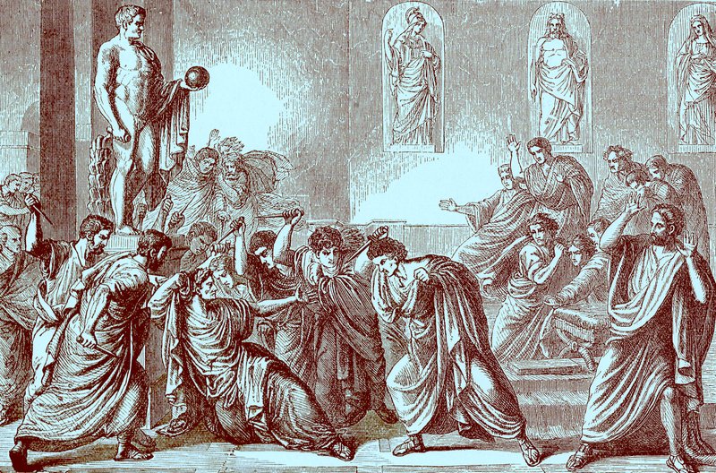 ジュリアスシーザーの殺害、世界のイラスト入りの歴史からのイラスト、c.1880を発行（デジタル強化画像） 作： 英語学校