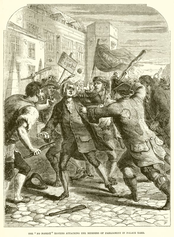 パレスヤードの議会のメンバーを攻撃するNo Popery Rioters 作： 英語学校