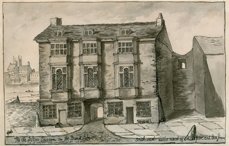 1805年に登場した、銀行側のオールドファルコンタバーン 作： 英語学校