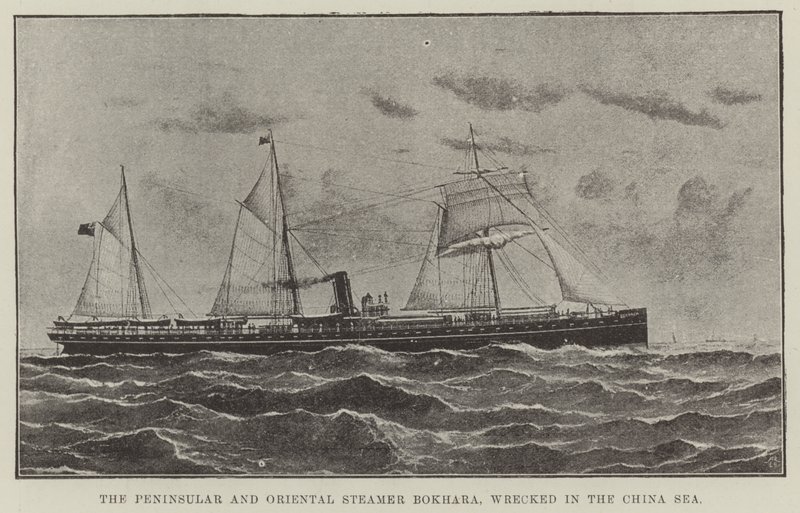 中国海で難破したPeninsular and Oriental Steamer Bokhara (litho) 作： 英語学校