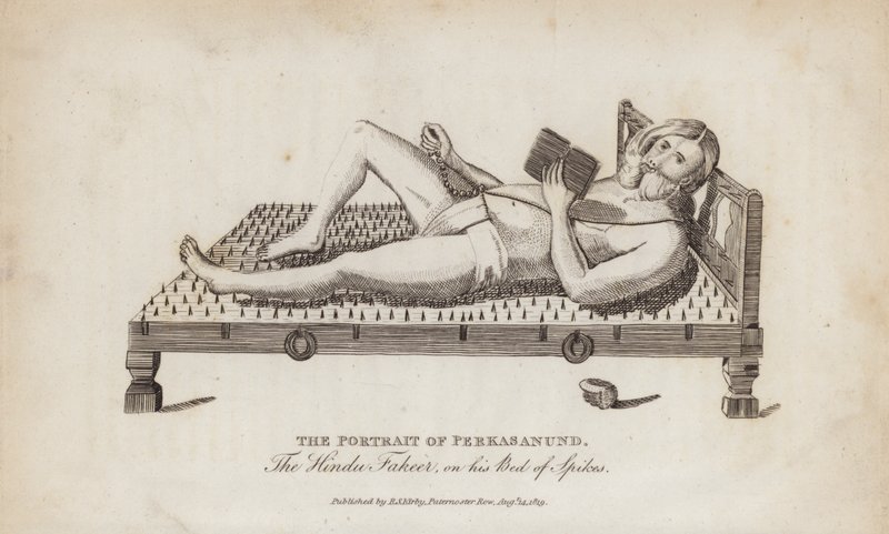 ヒンドゥー教の偽者ペルカサヌンドの肖像、トゲのベッドの上で（エングレーヴィング） 作： 英語学校