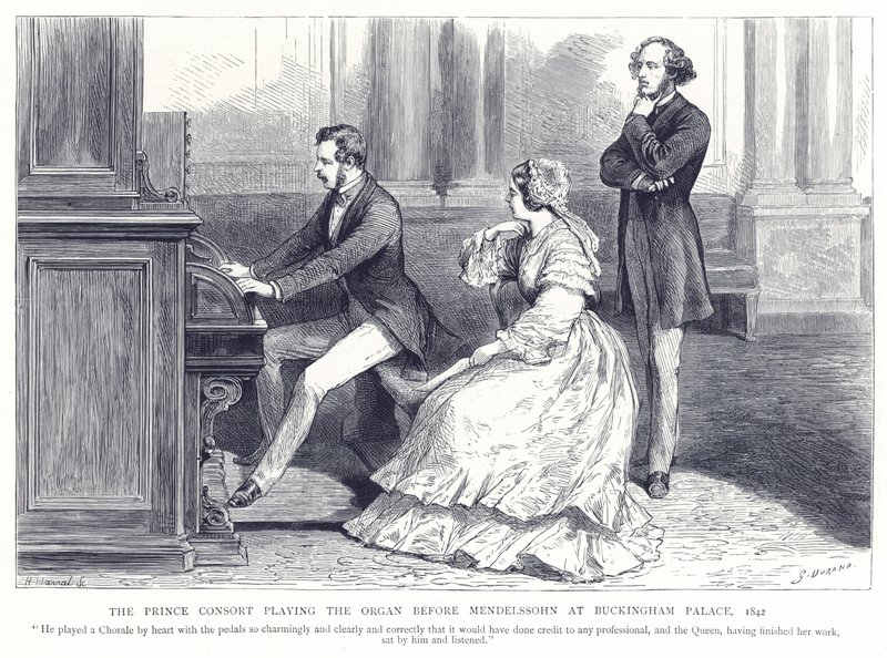 1842年、バッキンガム宮殿でメンデルスゾーンの前でオルガンを演奏する王子の配偶者 作： 英語学校