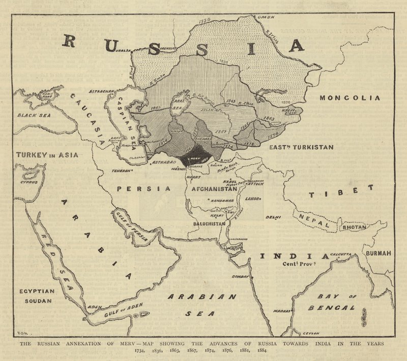 Mervのロシア併合、1734年、1836年、1863年、1867年、1874年、1876年、1881年、1884年のインドへのロシアの前進を示す地図 作： 英語学校