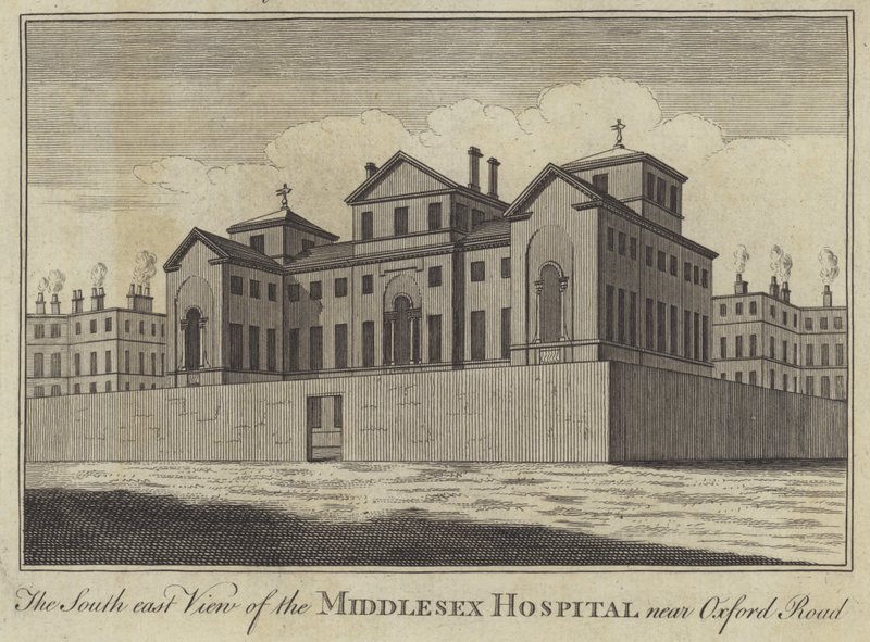 The South east View of the Middlesex Hospital near Oxford Road, London (e.g. the engraving) 作： 英語学校