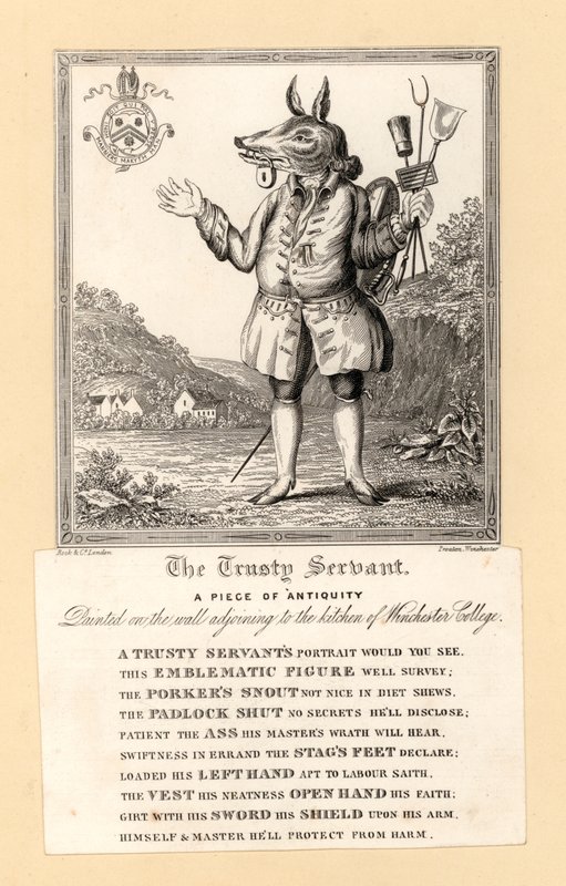 1579年、イギリスの詩人ジョン・ホスキンスがハンプシャー州ウィンチェスター・カレッジのキッチンに隣接する壁に描いた「The Trusty Servant」(彫刻) 作： 英語学校