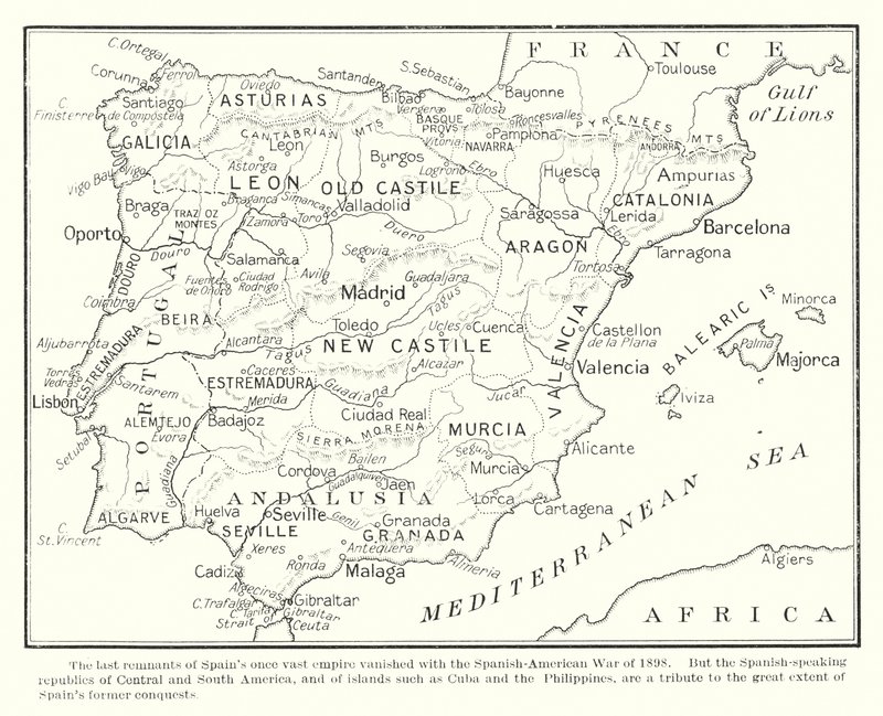 1898年の米西戦争で、かつての広大なスペインの帝国の名残は消滅した（リトグラフ） 作： 英語学校