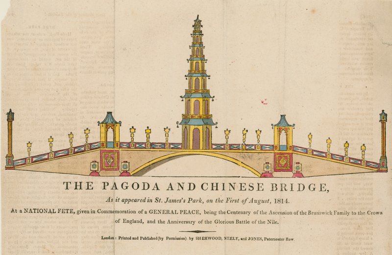 1814年8月1日にロンドンのセントジェームズパークに現れた塔と橋 作： 英語学校