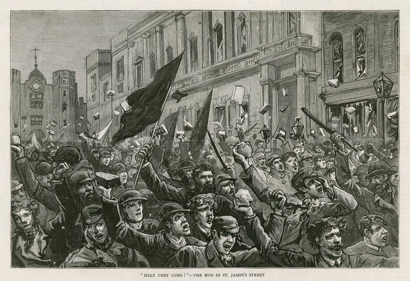 1886年2月8日、ロンドンのウエストエンドでの暴動：ここに来た！ -ロンドンのセントジェームスストリートの暴徒 作： 英語学校