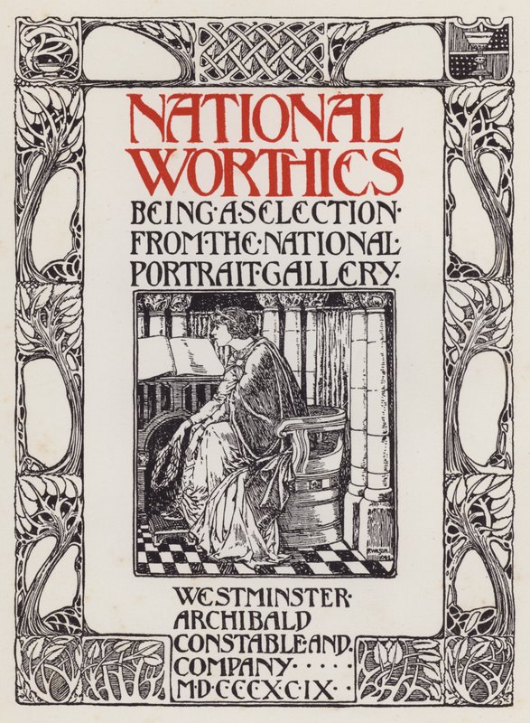 National Worthies being a selection from National Portrait Gallery」のタイトルページのイラスト。 作： 英語学校