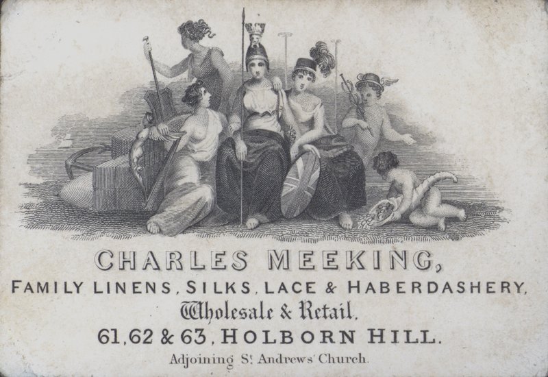 ロンドン、ホルボーン・ヒルのリネン、シルク、レース、小間物商Charles Meekingのトレードカード（彫刻 作： 英語学校