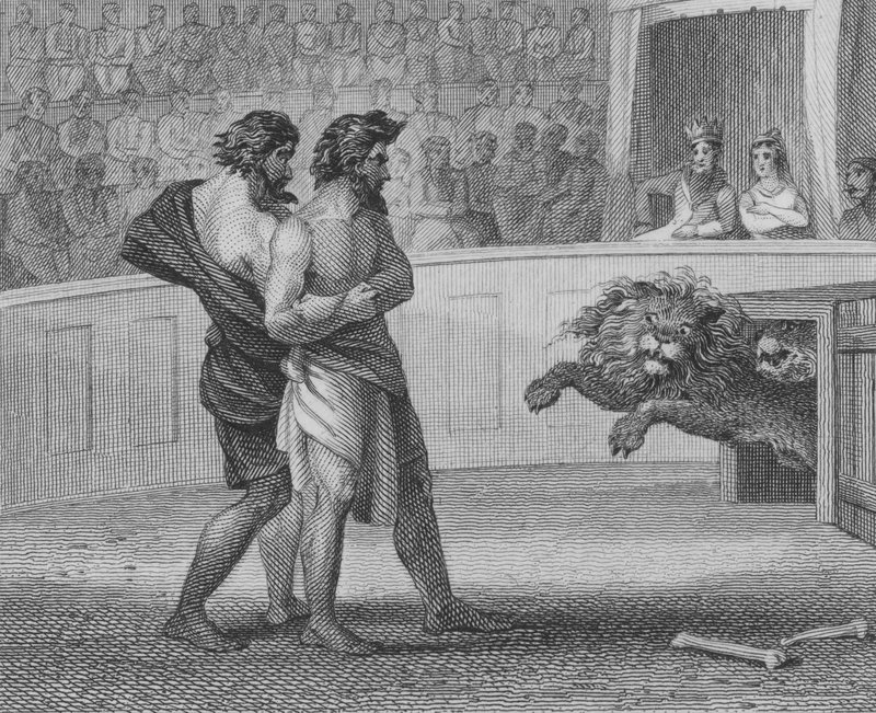 ローマ皇帝コンスタンティヌス大帝がトリーアでライオンに投げた2人のフランク王、307 作： 英語学校