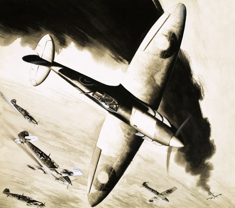 ドイツの戦闘機とのドッグファイトにおける正体不明のスピットファイア 作： 英語学校