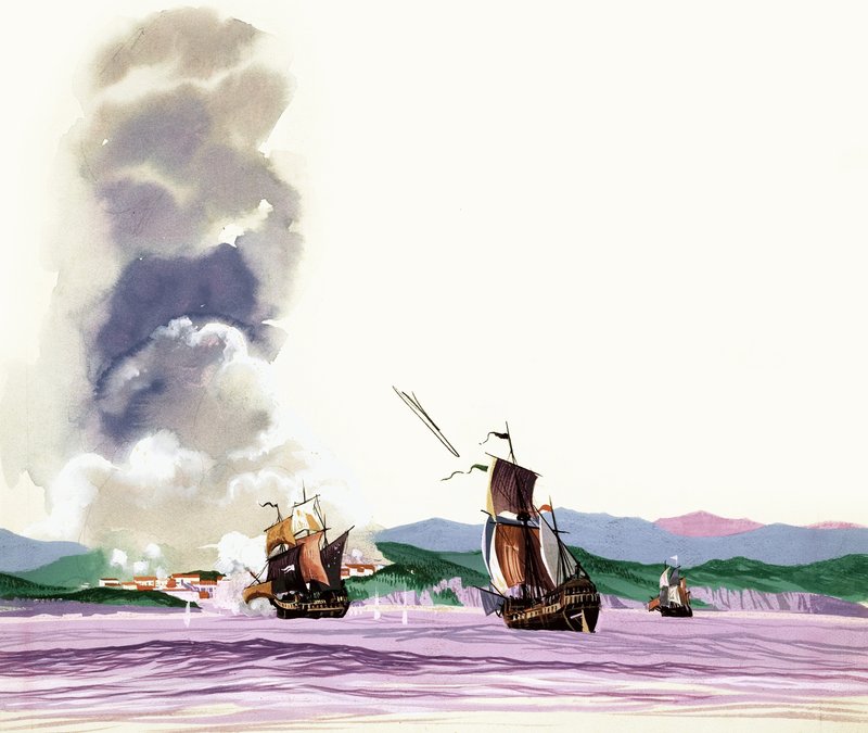 帆船が海岸で発砲し、火が返された正体不明の戦い 作： 英語学校