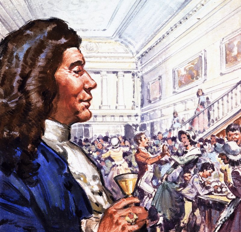 ごちそうとダンスを見て小さな飲み物を持つ正体不明の男 作： 英語学校