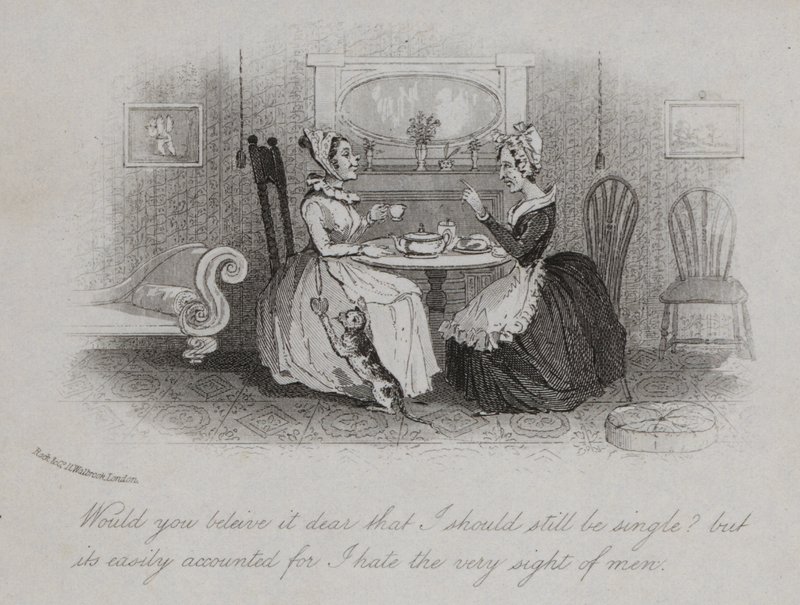 独身を貫く理由を語るヴィクトリア朝の独身女性（エングレービング 作： 英語学校