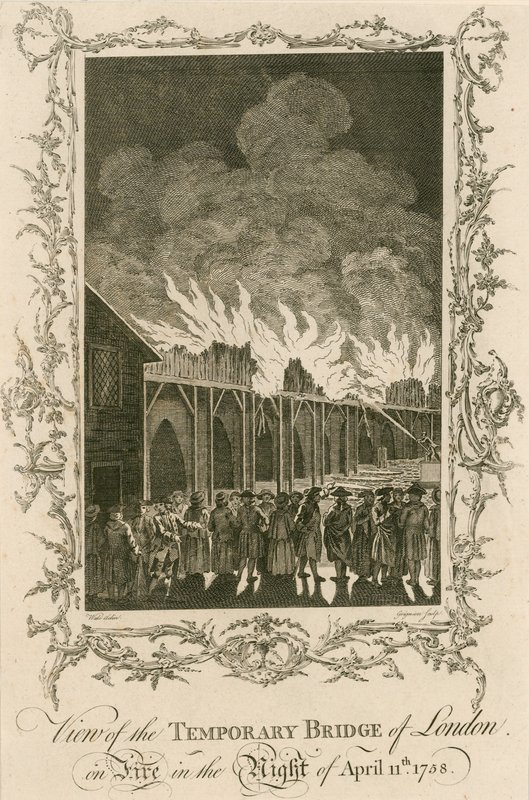 1758年4月11日の夜に火事でロンドンの一時的な橋の眺め 作： 英語学校