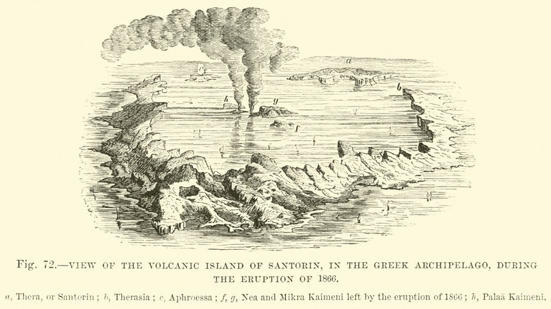 1866年の噴火中にギリシャ列島にあるサントリンの火山島の眺め 作： 英語学校