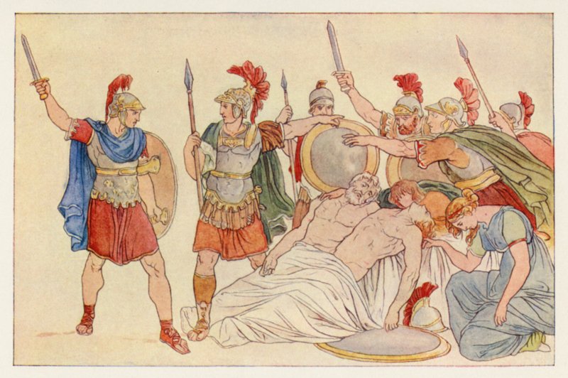 ウェルギリウスのアエネイス：アルモとガラエソスの遺体をめぐるトゥルヌス（カラーリソ） 作： 英語学校