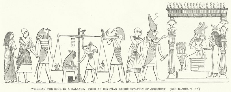 天秤で魂を量る、エジプトの「審判」の表現から（彫刻作品 作： 英語学校