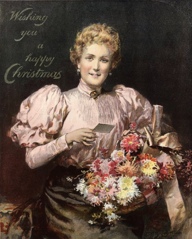 幸せなクリスマスを願って、伝説のある花束を持った女性 作： 英語学校