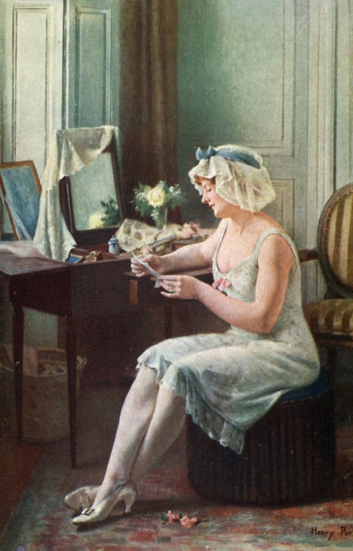 手紙を読む女性（カラーリトグラフ 作： 英語学校